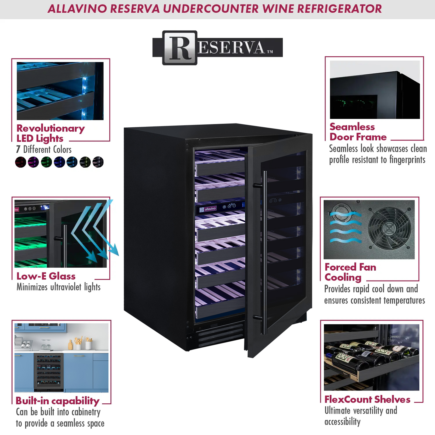 Allavino Reserva Series 50 Bottle Dual Zone Undercounter Wine Cooler Refrigerator with Black Stainless Steel Door- Right Hinge