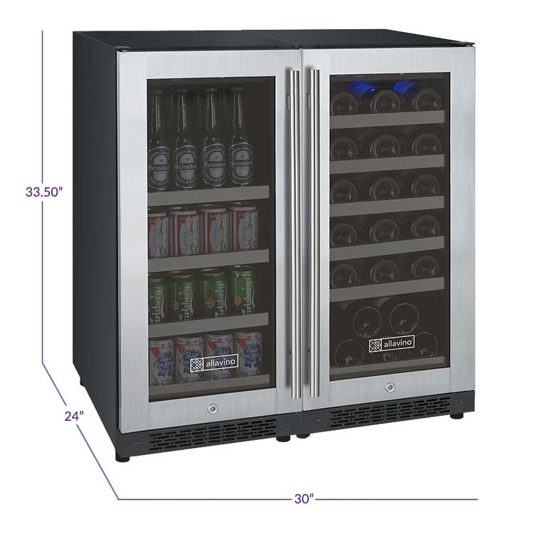 Allavino 30 Wide FlexCount II Tru-Vino 30 Bottle/ 88 can dual Zone Stainless Steel Built-In Wine Refrigerator/Beverage Center