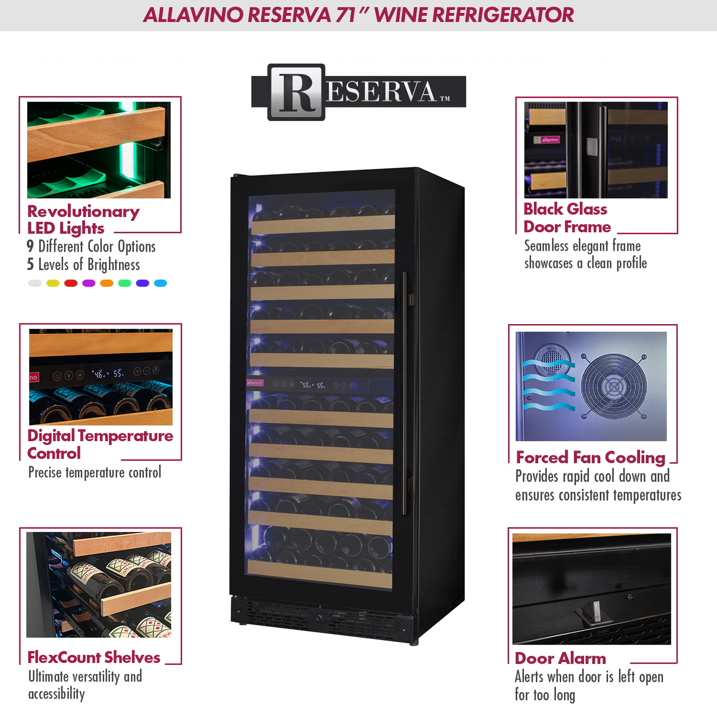 Allavino Reserva Series 119 Bottle 55" Tall Dual Zone Left Hinge Black Glass Wine Refrigerator