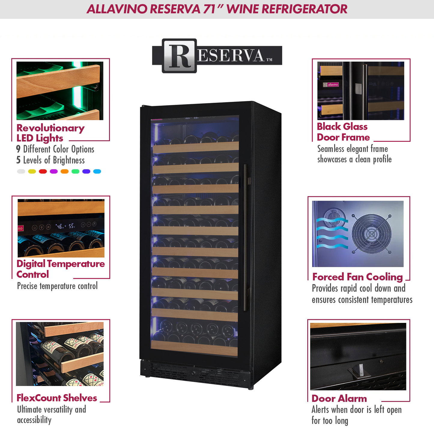 Allavino Reserva Series 119 Bottle 55" Tall Single Zone Left Hinge Black Glass Wine Refrigerator