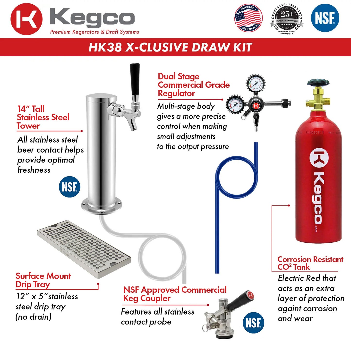 Kegco 24" Wide Single Tap Stainless Steel Built-In Right Hinge Kegerator with Kit