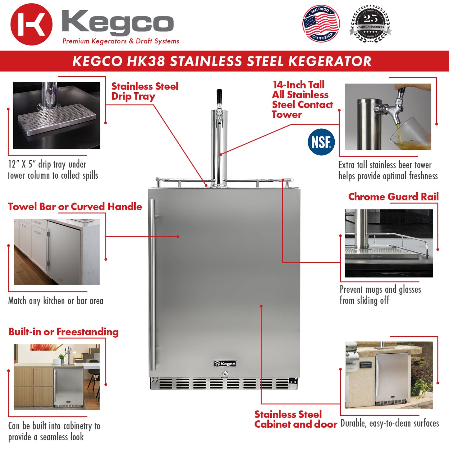 Kegco 24" Wide Single Tap All Stainless Steel Outdoor Built-In Right Hinge Kegerator with Kit