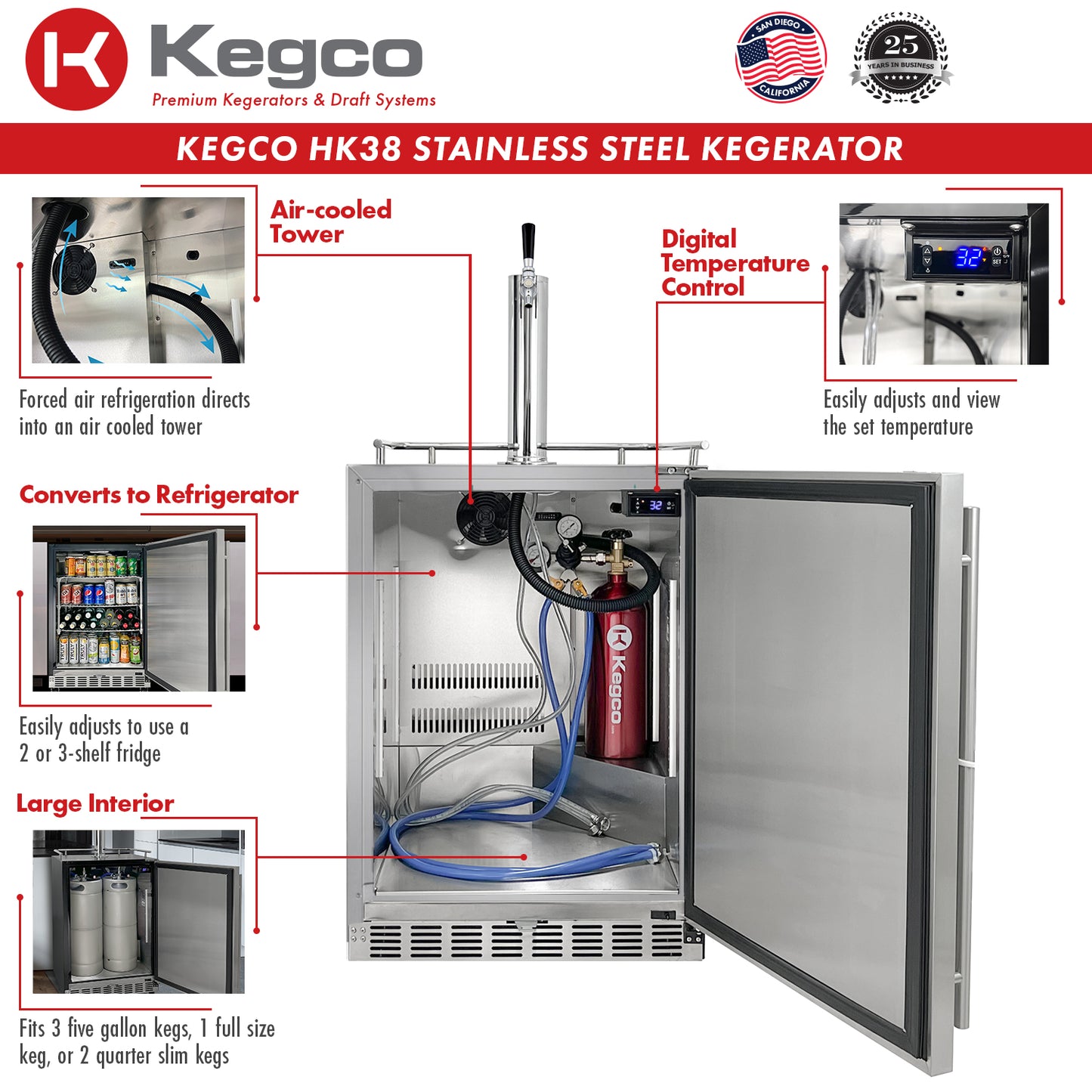 Kegco 24" Wide Single Tap Stainless Steel Built-In Right Hinge Kegerator with Kit