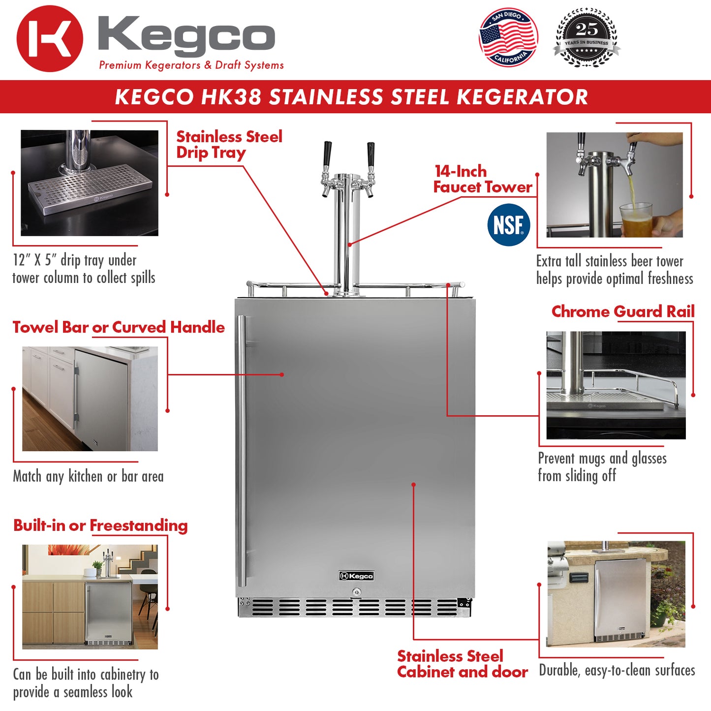 Kegco 24" Wide Dual Tap All Stainless Steel Outdoor Built-In Right Hinge Kegerator with Kit