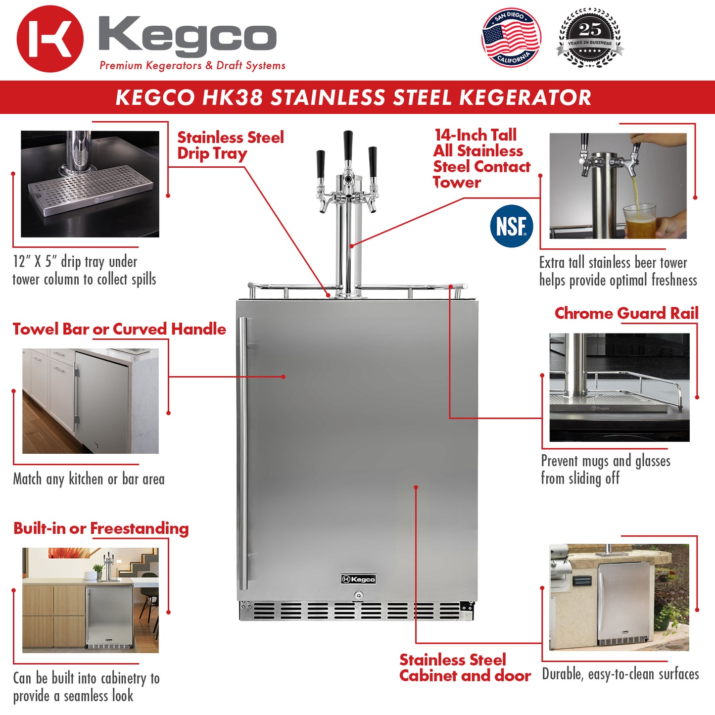 Kegco 24" Wide Triple Tap Stainless Steel Built-In Right Hinge Kegerator with Kit