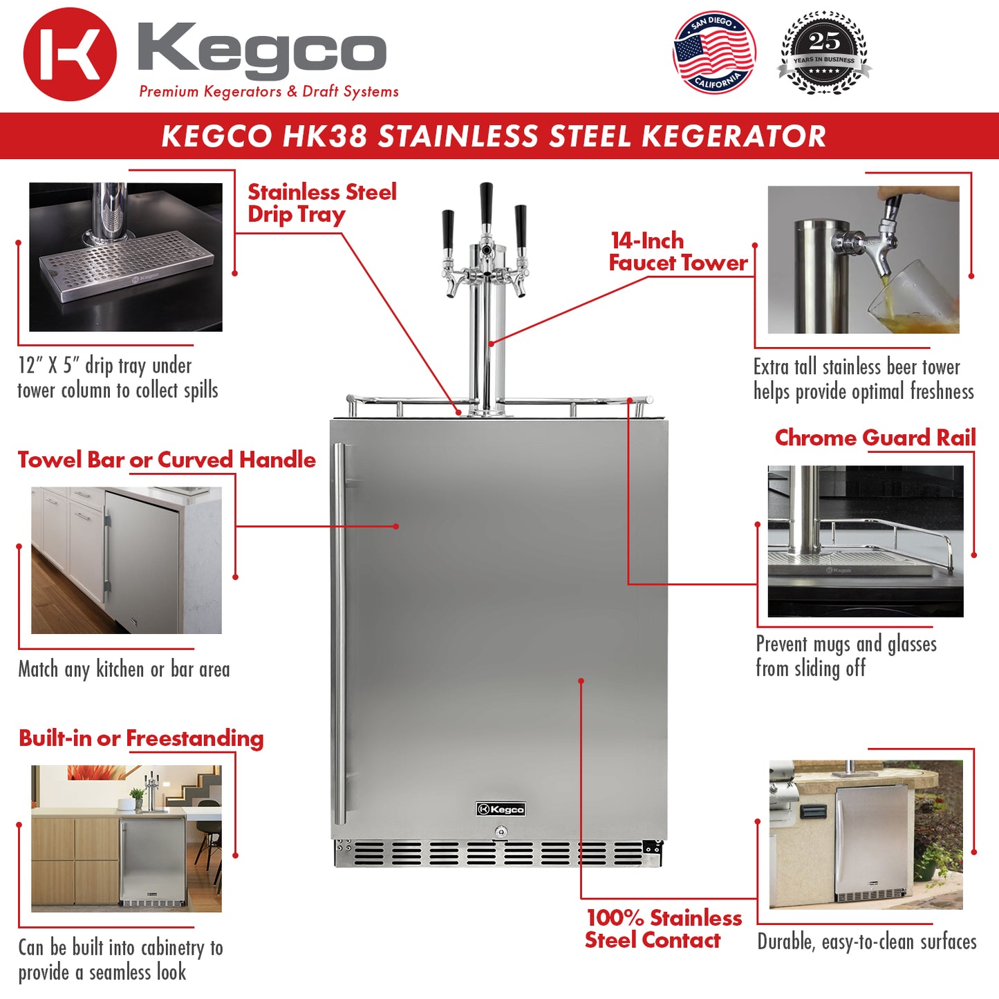 Kegco 24" Wide Triple Tap All Stainless Steel Outdoor Built-In Right Hinge Kegerator with Kit