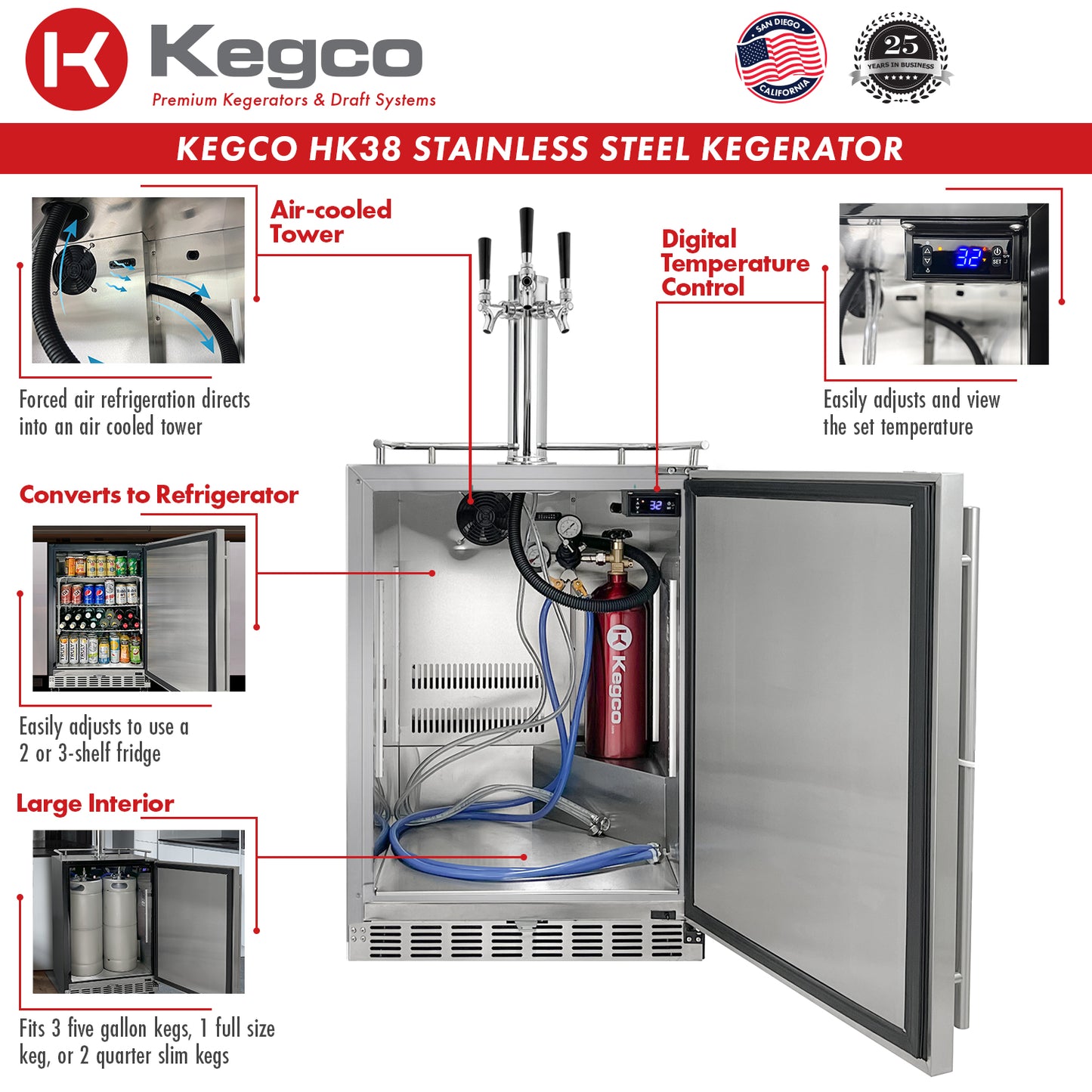 Kegco 24" Wide Triple Tap All Stainless Steel Outdoor Built-In Right Hinge Kegerator with Kit