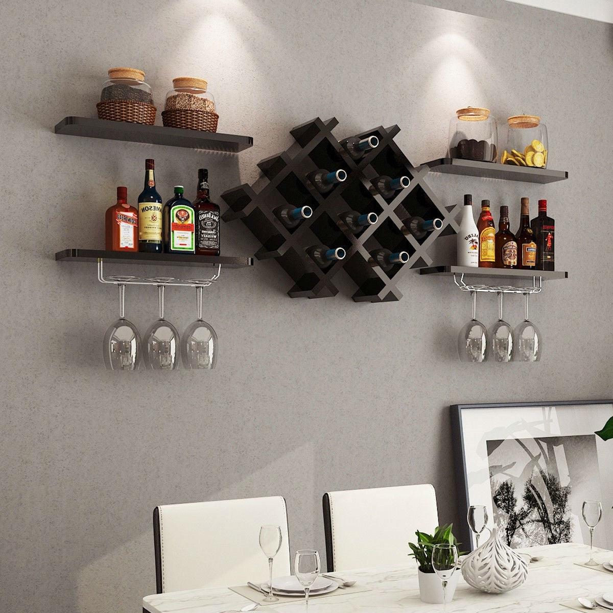 Black 5 Piece Wall Mounted Wine Rack Set with Storage Shelves