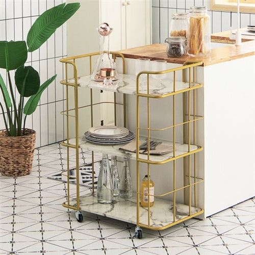 3 Tier Faux Marble Gold Rolling Bar Cart