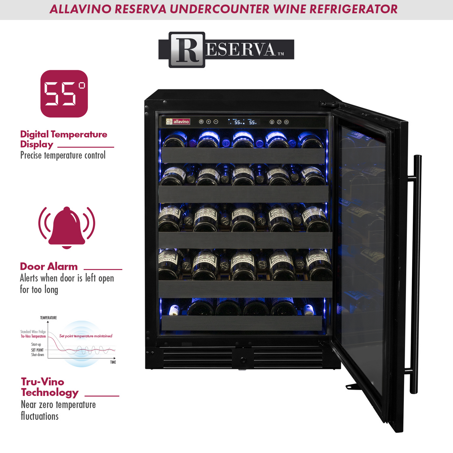 Allavino Reserva Series 50 Bottle Single Zone Built-in  Luxury Wine Refrigerator with Black Stainless Steel Door- Right Hinge