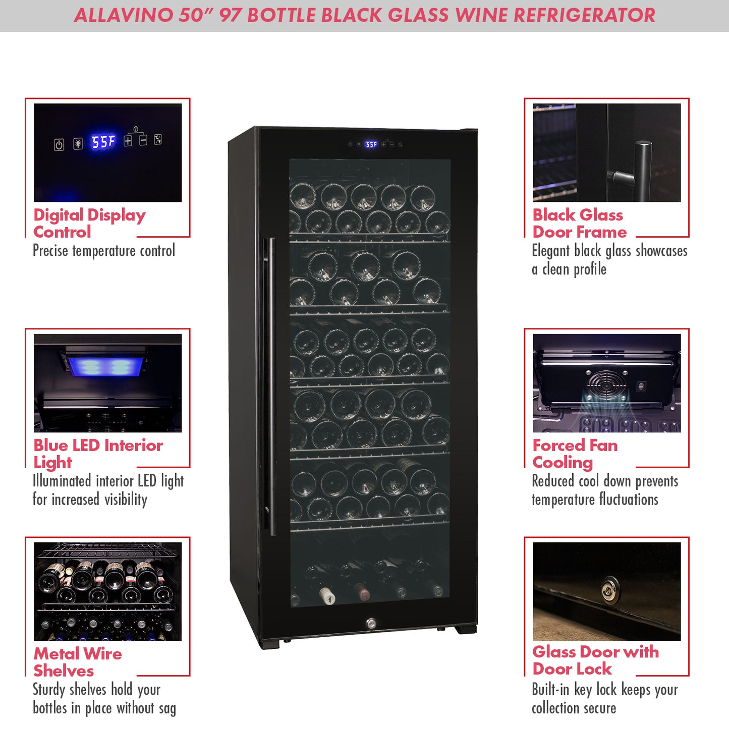 Allavino Contemporary 102 Bottle Single Zone Freestanding Wine Refrigerator with Black Glass Door