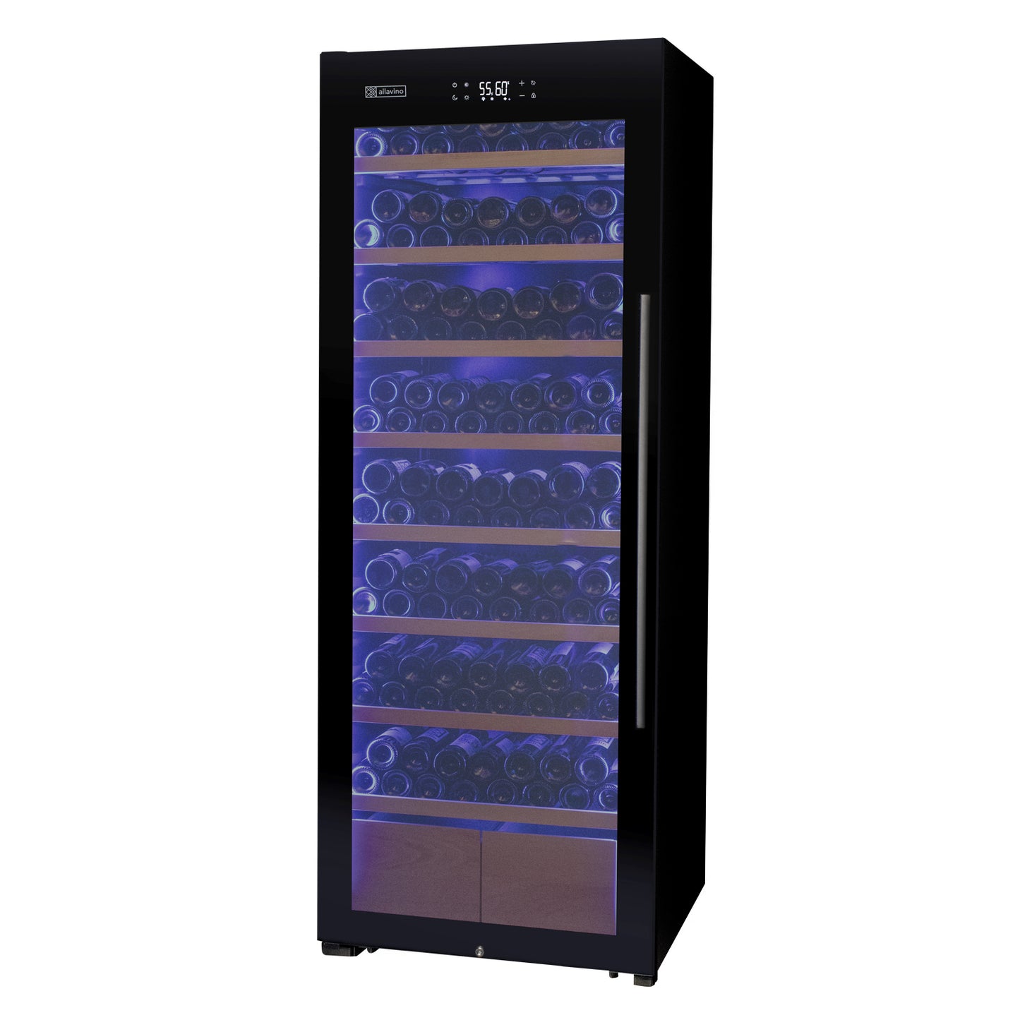 Allavino 248 Bottle Single Zone Freestanding Wine Refrigerator with Display Shelving and Black Glass Door - Left Hinge