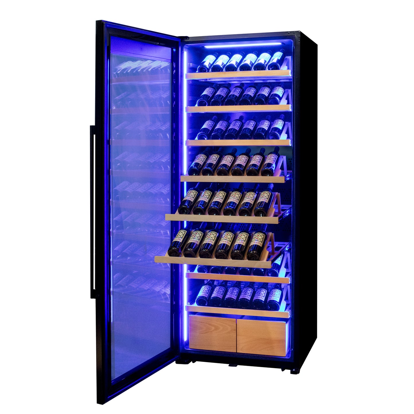 Allavino 248 Bottle Single Zone Freestanding Wine Refrigerator with Display Shelving and Black Glass Door - Left Hinge