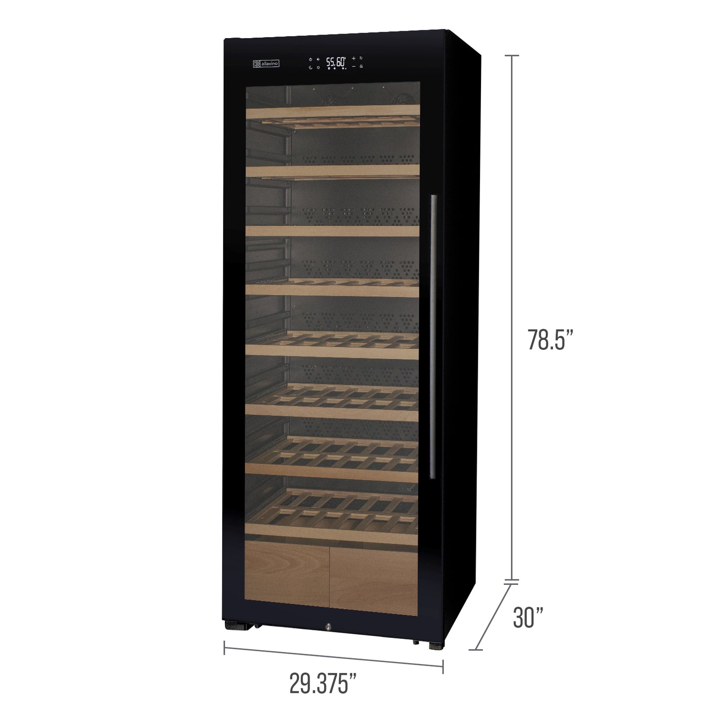 Allavino 248 Bottle Single Zone Freestanding Wine Refrigerator with Display Shelving and Black Glass Door - Left Hinge