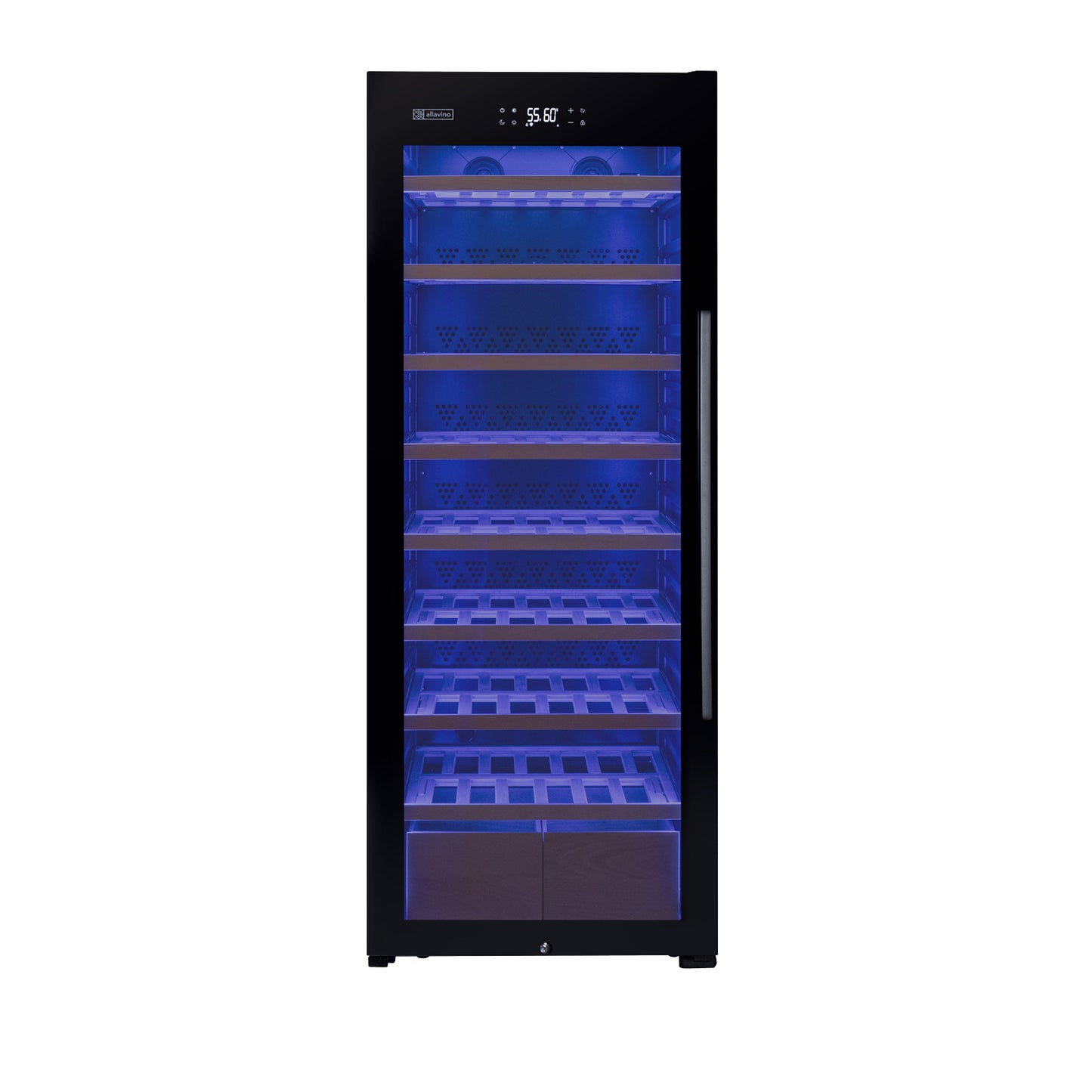 Allavino 248 Bottle Single Zone Freestanding Wine Refrigerator with Display Shelving and Black Glass Door - Left Hinge