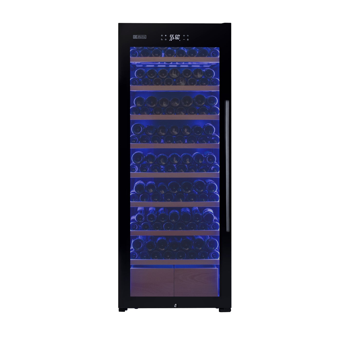 Allavino 248 Bottle Single Zone Freestanding Wine Refrigerator with Display Shelving and Black Glass Door - Left Hinge