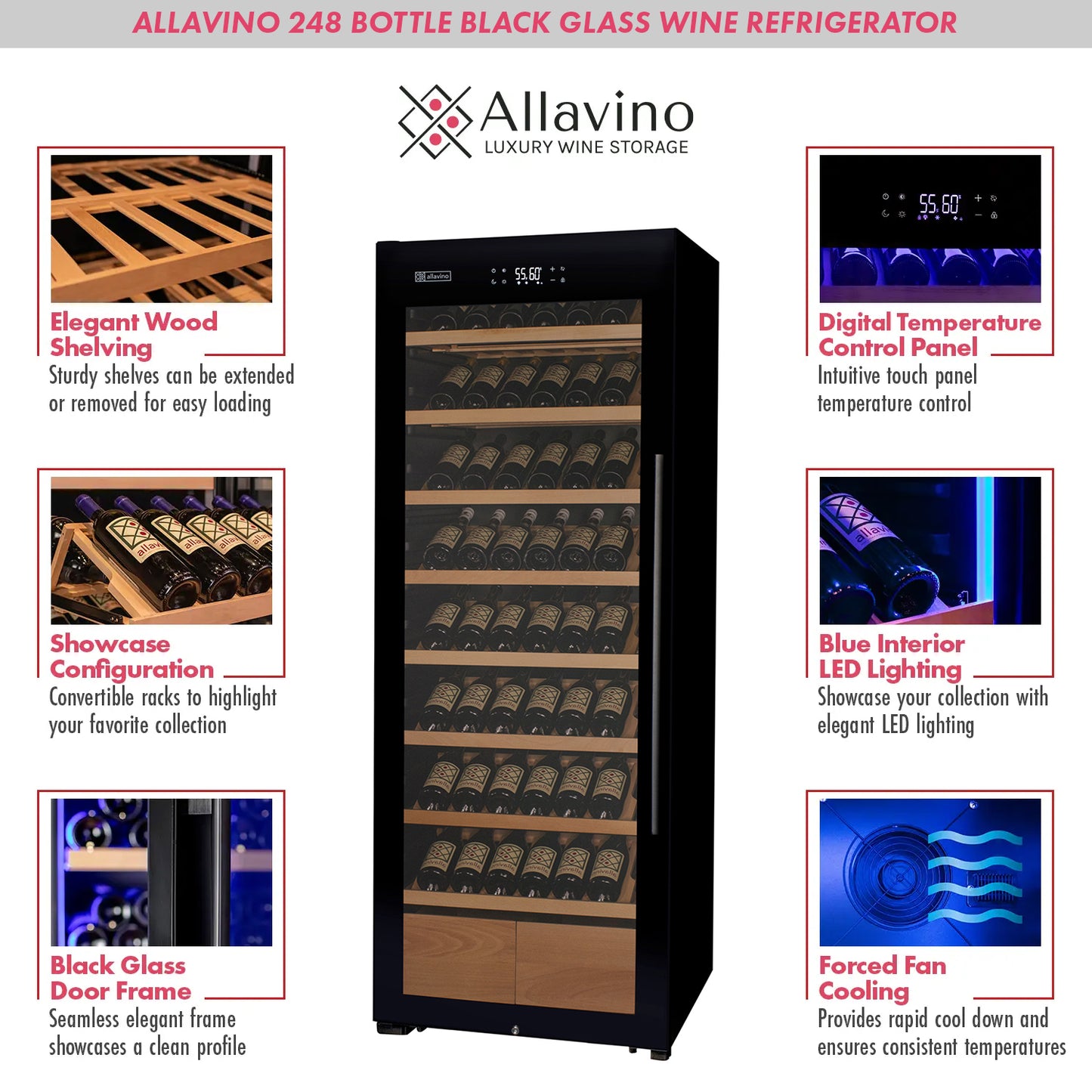 Allavino 248 Bottle Single Zone Freestanding Wine Refrigerator with Display Shelving and Black Glass Door - Left Hinge