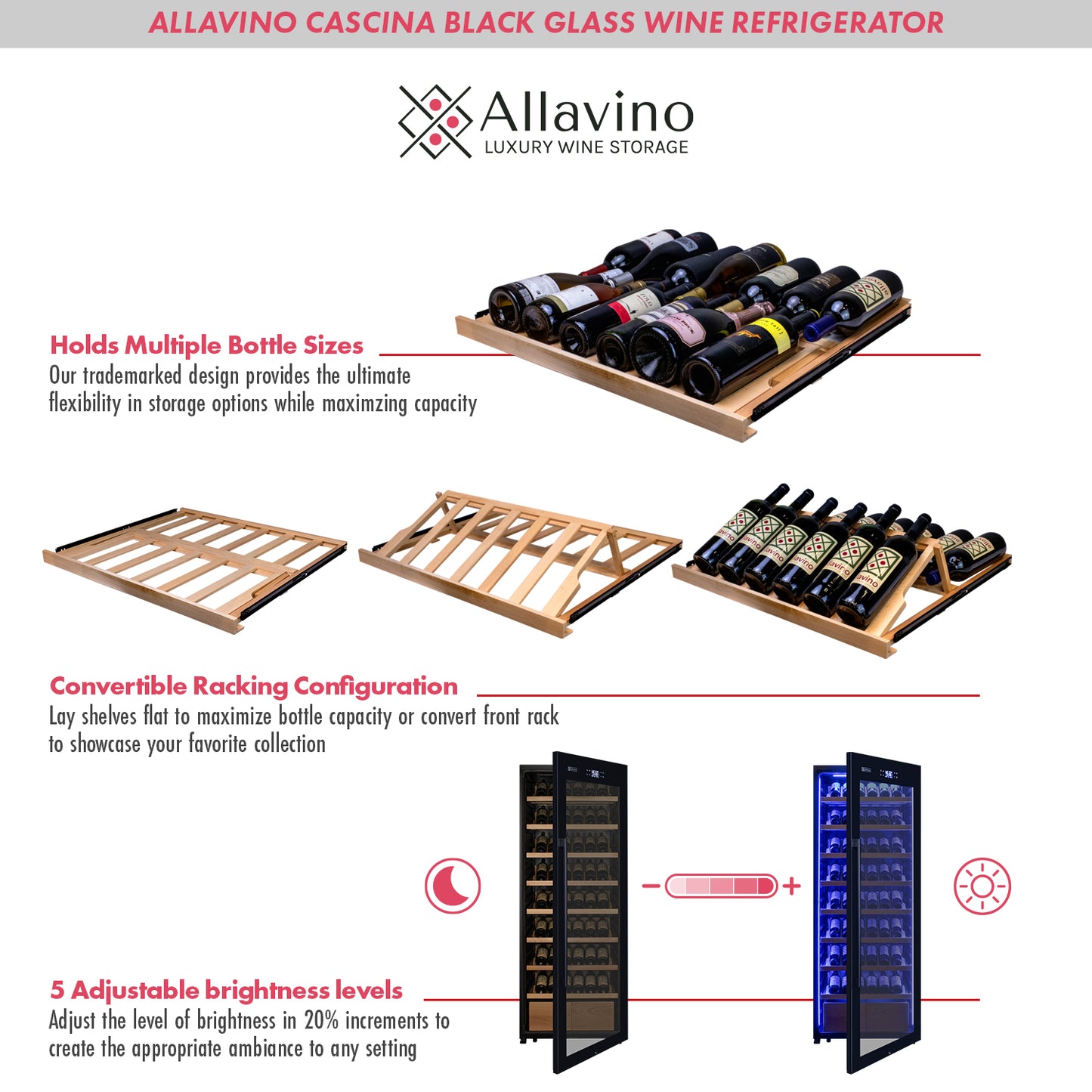 Allavino 248 Bottle Single Zone Freestanding Wine Refrigerator with Display Shelving and Black Glass Door - Left Hinge