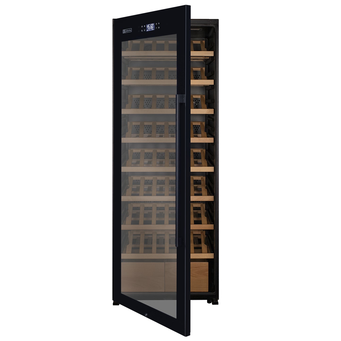 Allavino 248 Bottle Single Zone Freestanding Wine Refrigerator with Display Shelving and Black Glass Door - Left Hinge