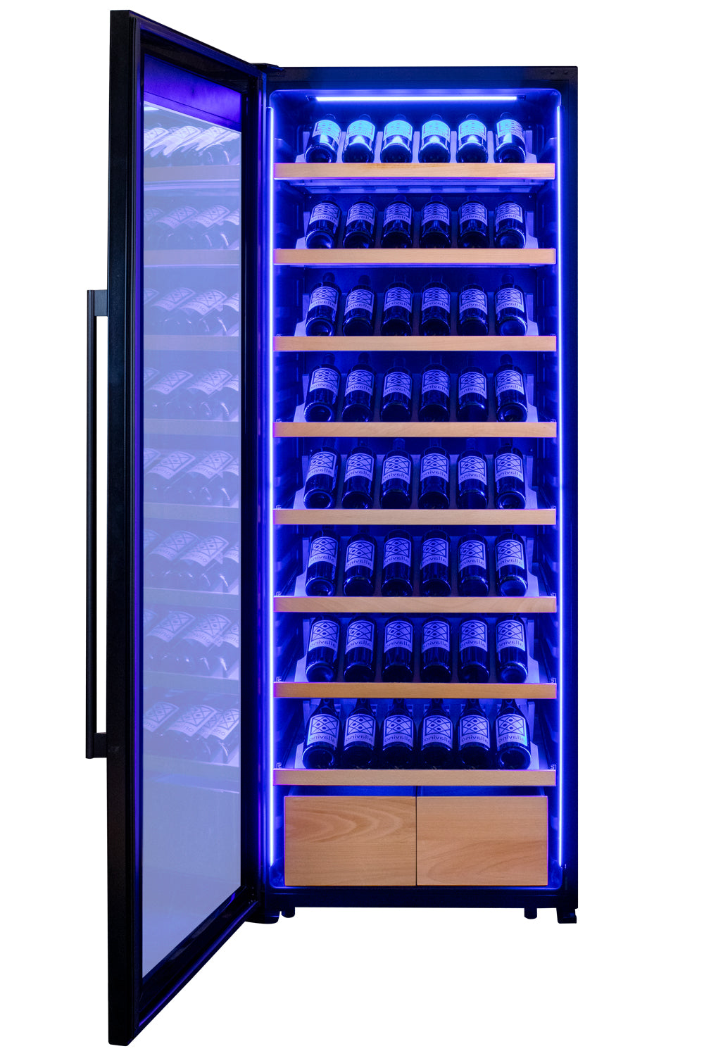 Allavino 248 Bottle Single Zone Freestanding Wine Refrigerator with Display Shelving and Black Glass Door - Left Hinge