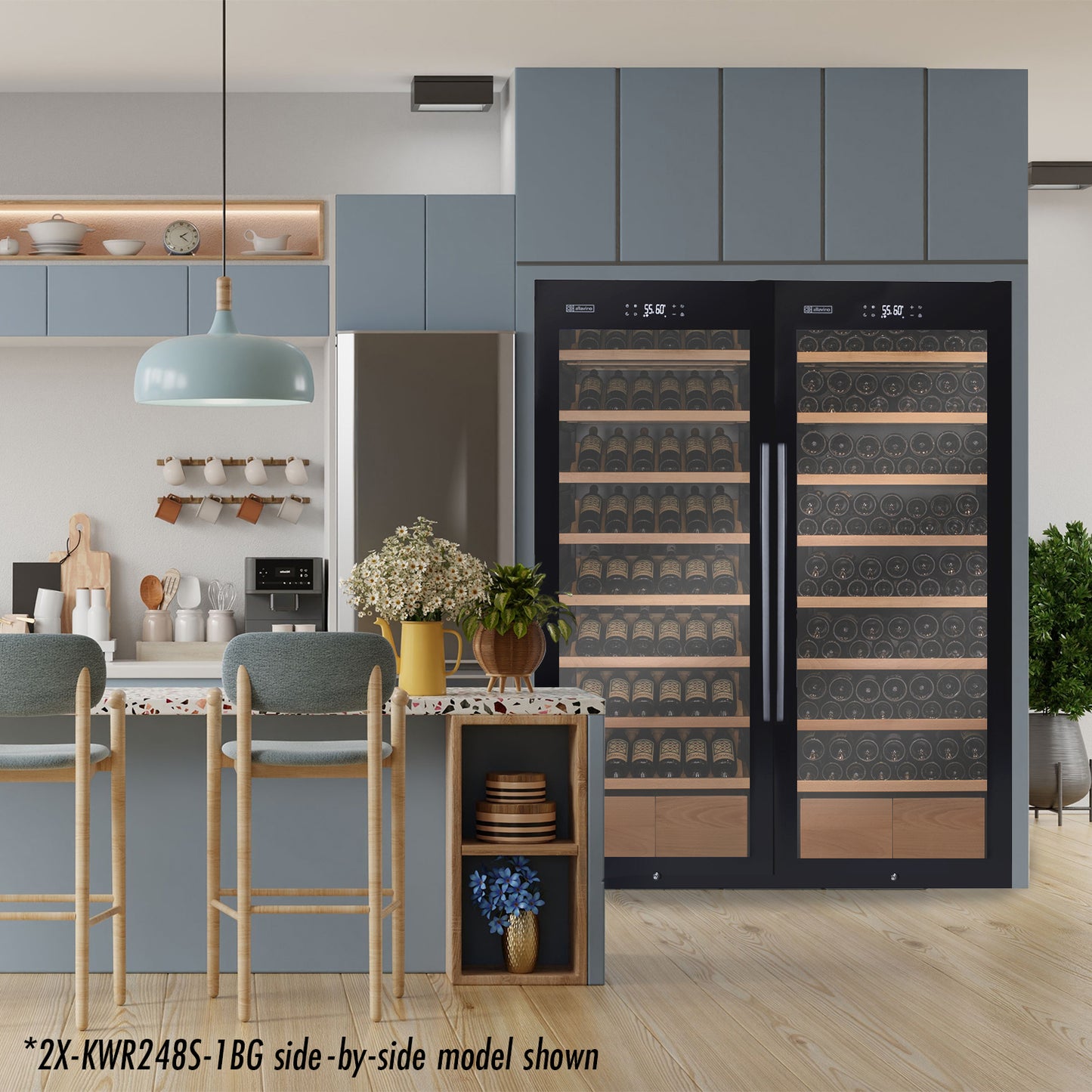 Allavino 248 Bottle Single Zone Freestanding Wine Refrigerator with Display Shelving and Black Glass Door - Left Hinge