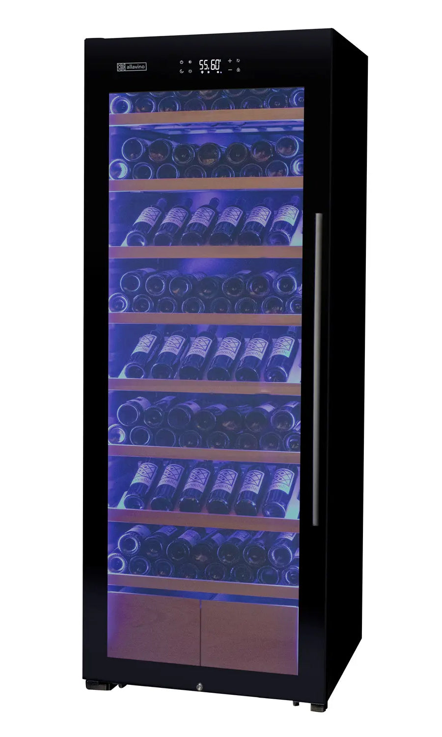 Allavino 248 Bottle Single Zone Freestanding Wine Refrigerator with Display Shelving and Black Glass Door - Left Hinge