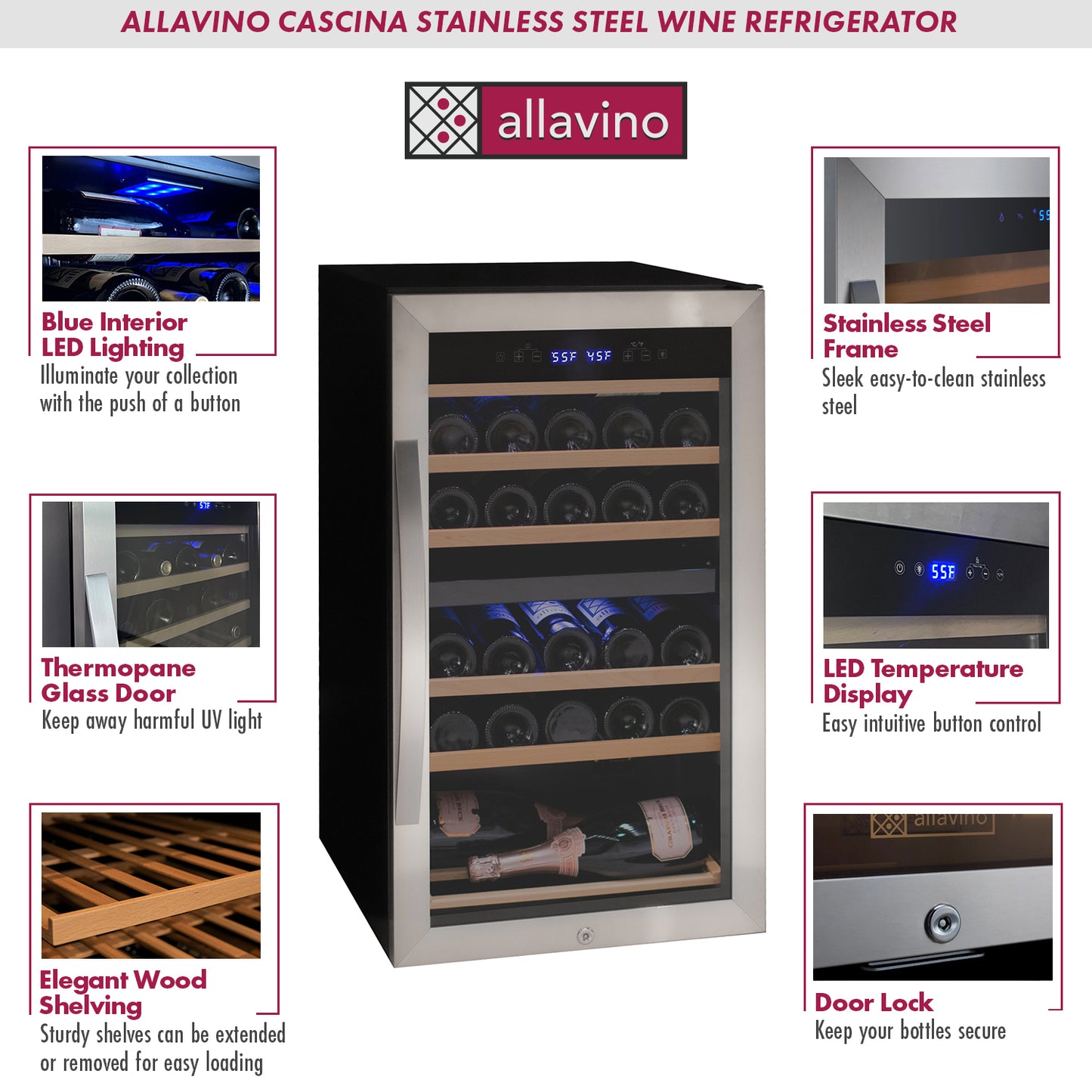 Allavino Cascina Series 28 Bottle Dual Zone Freestanding Wine Cooler Refrigerator with Stainless Steel Door