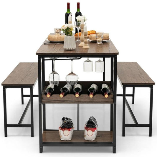 Modern Industrial 3-Piece Metal Wood Dining Set with 2 Benches and Wine Rack