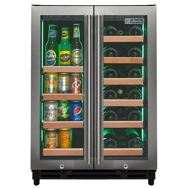 Allavno Reerva Series 24 Wide Two Door Stainless Stell Wine Refrigerator/Beverage Center with Wood Front Shelves