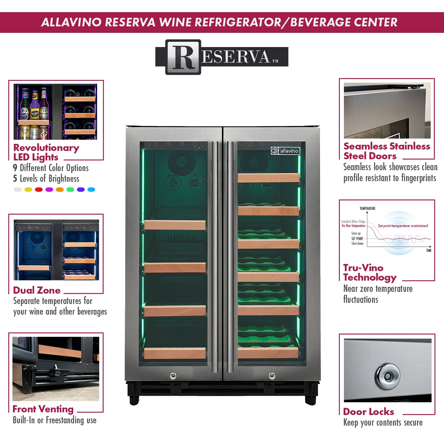 Allavno Reerva Series 24" Wide Two Door Stainless Stell Wine Refrigerator/Beverage Center with Wood Front Shelves