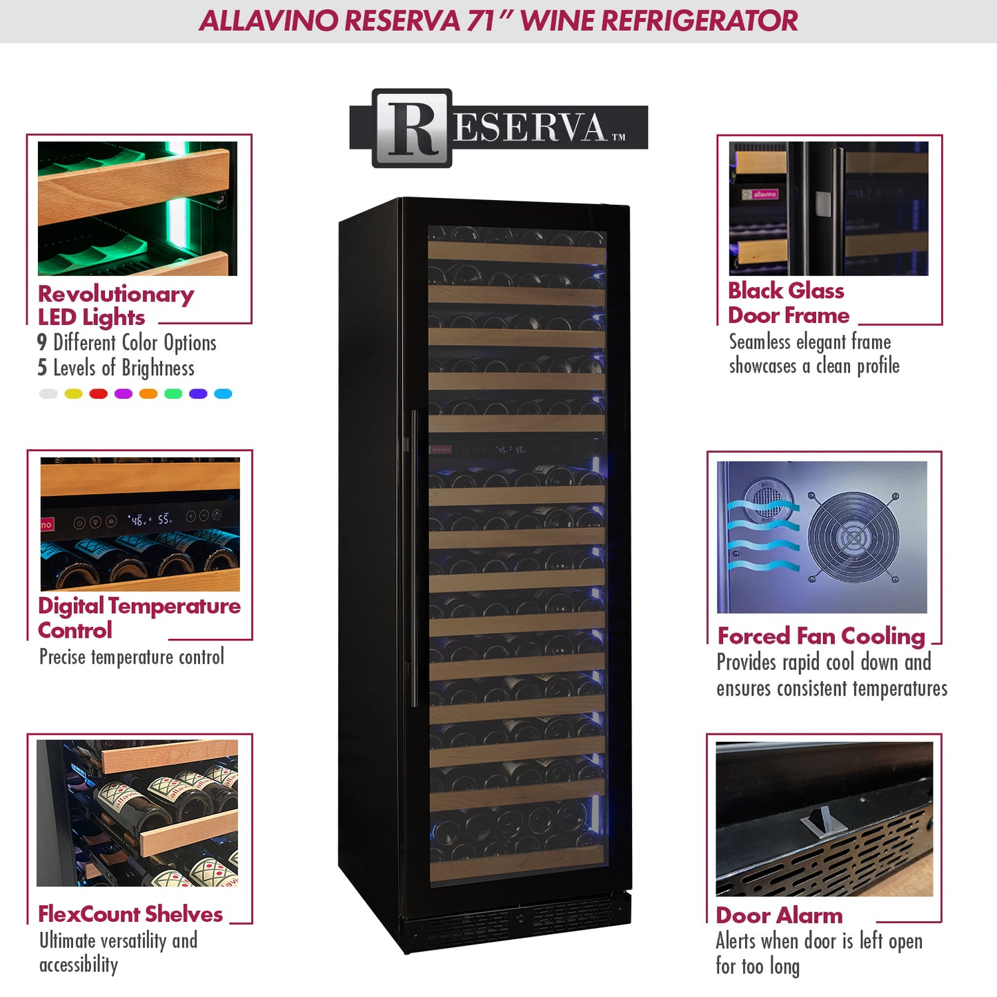 Allavino Reserva Series 154 Bottle Dual Zone Wine Refrigerator Cooler with Right Hinge Black Glass Door