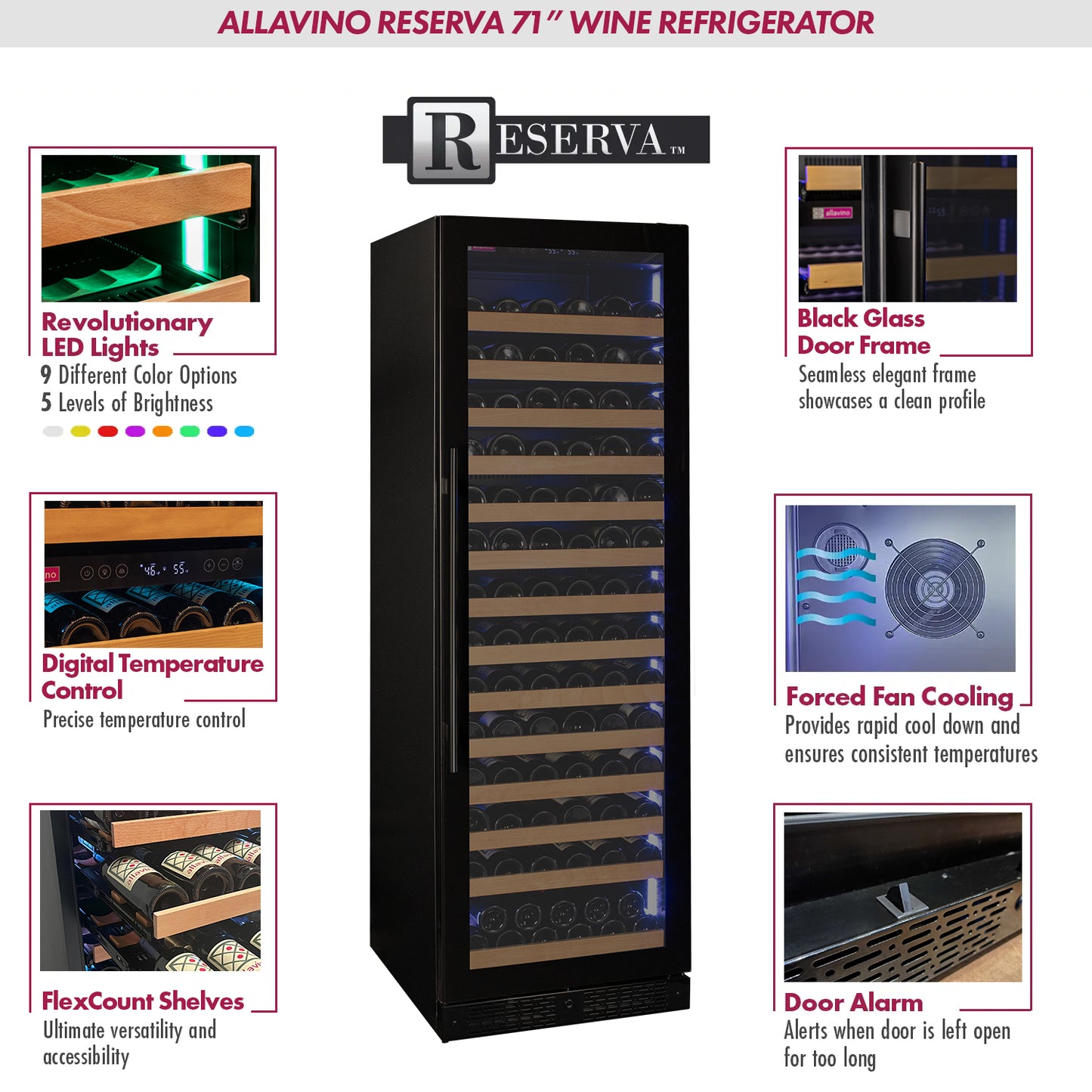 Allavino Reerva Series 163 Bottle 71" Tall Single Zone Right Hinge Black Glass Door Wine Refrigerator