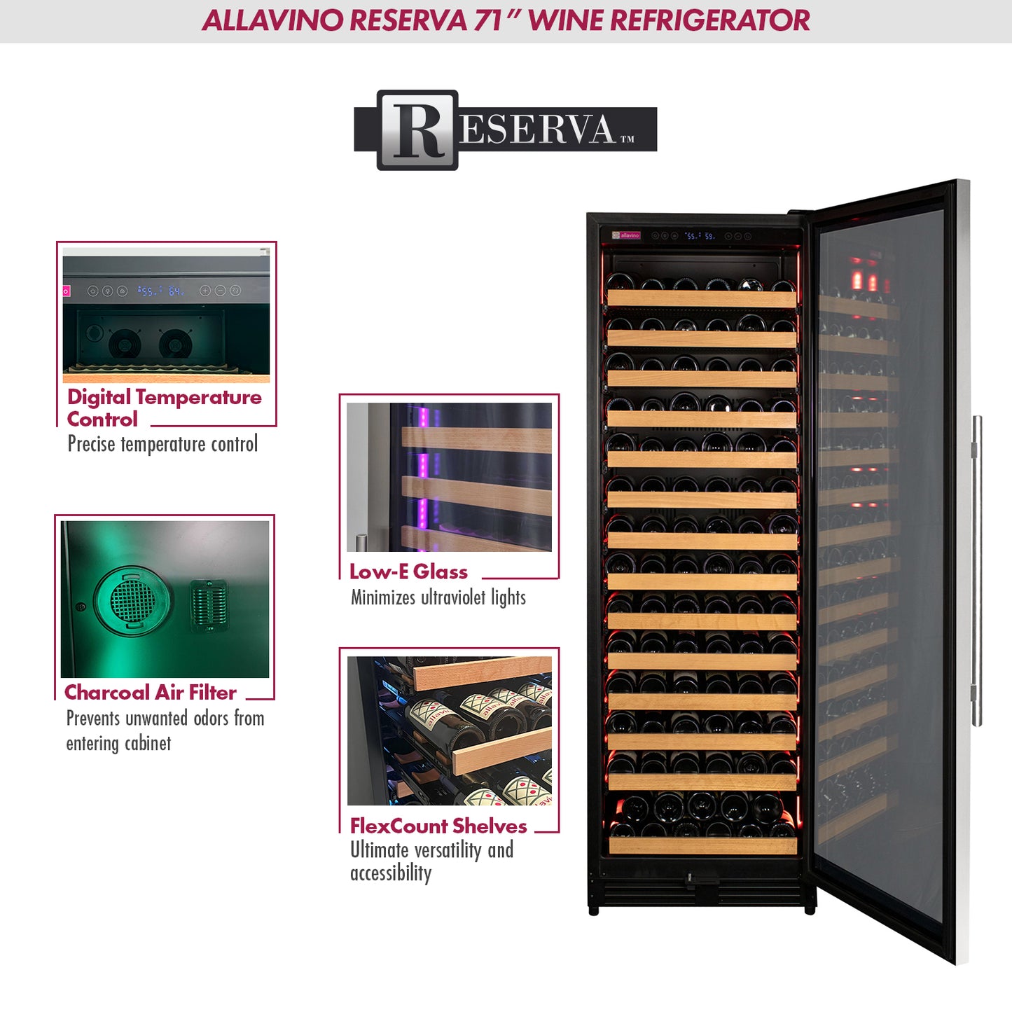 Allavino Reserva Series 163 Bottle 71" Tall Single Zone Right Hinge Stainless Steel Wine Refrigerator