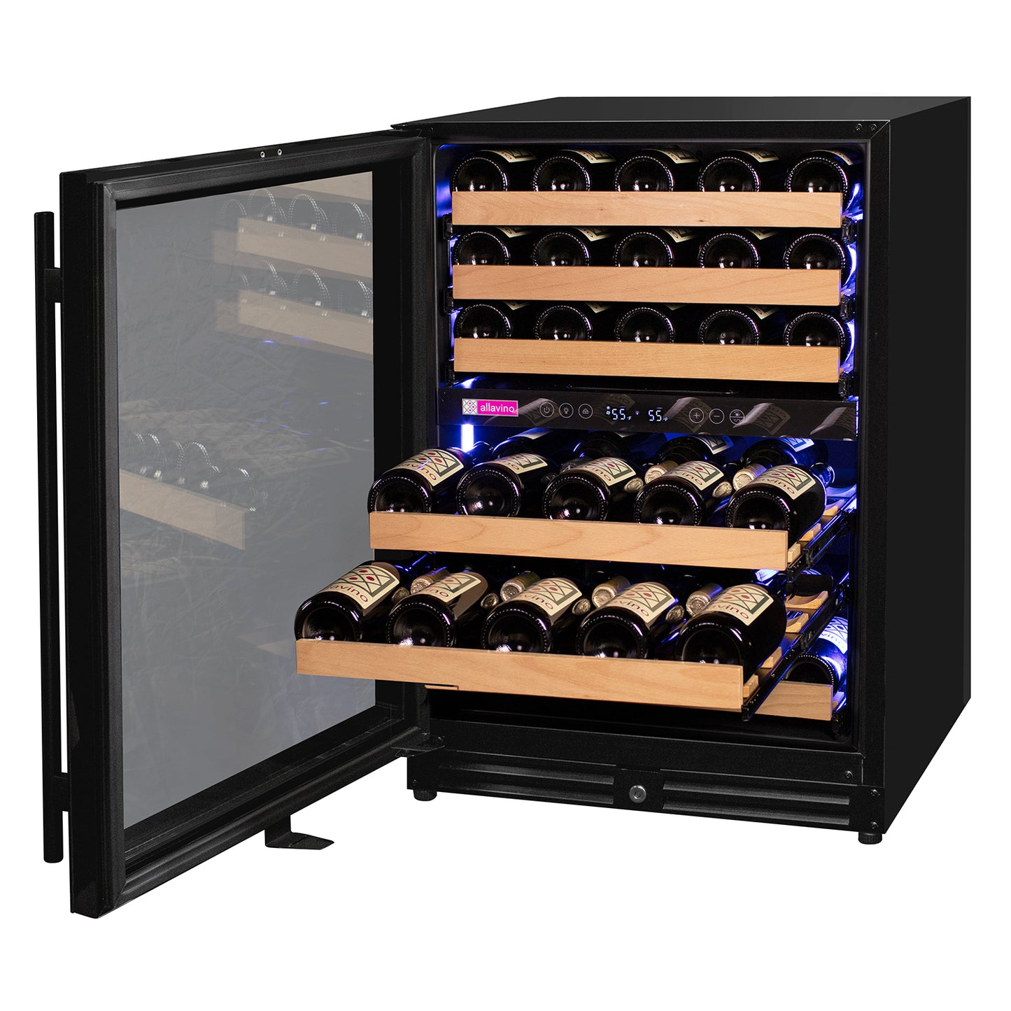 Allavino 56 Bottle Dual Zone Left Hinge Black Glass Wine Refrigerator