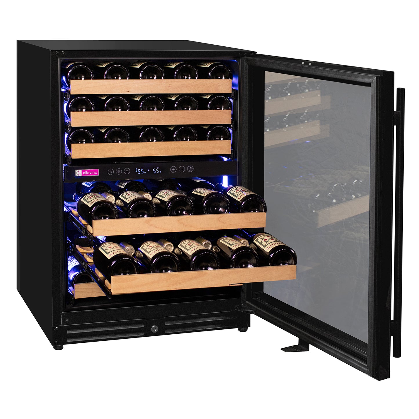 Allavino 56 Bottle Dual Zone Right Hinge Black Glass Wine Refrigerator