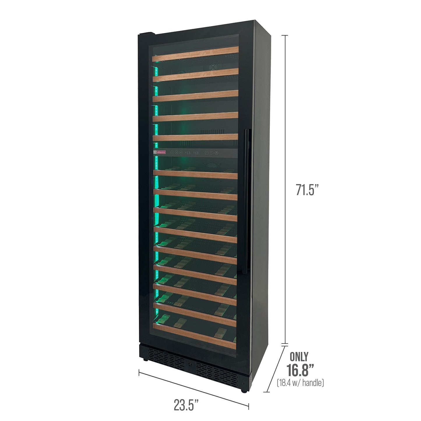 Allavino Reserva Series 67 Bottle 71" Tall Dual Zone Left Hinge Black Shallow Wine Refrigerator with Wood Front Shelves