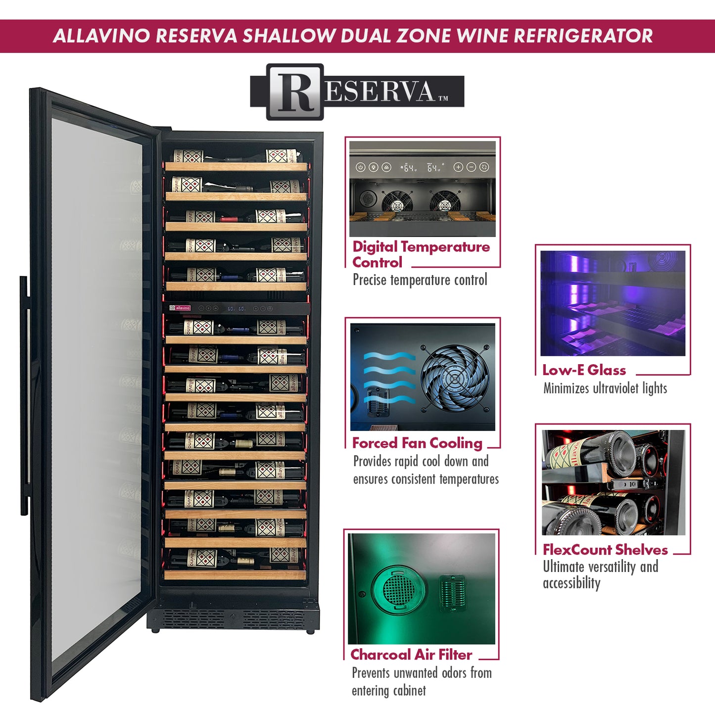 Allavino Reserva Series 67 Bottle 71" Tall Dual Zone Left Hinge Black Shallow Wine Refrigerator with Wood Front Shelves