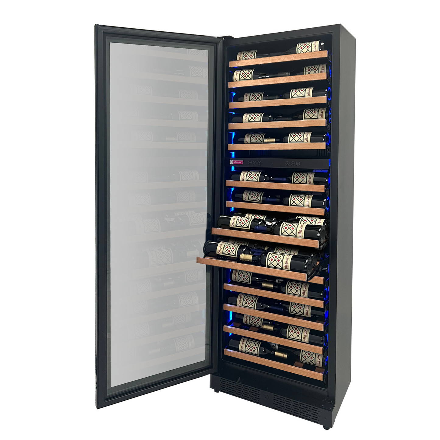 Allavino Reserva Series 67 Bottle 71" Tall Dual Zone Left Hinge Black Shallow Wine Refrigerator with Wood Front Shelves