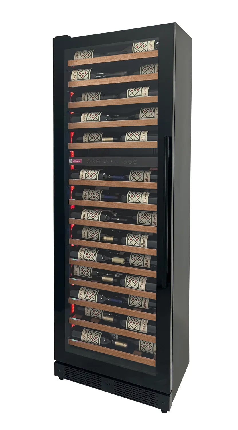 Allavino Reserva Series 67 Bottle 71" Tall Dual Zone Left Hinge Black Shallow Wine Refrigerator with Wood Front Shelves