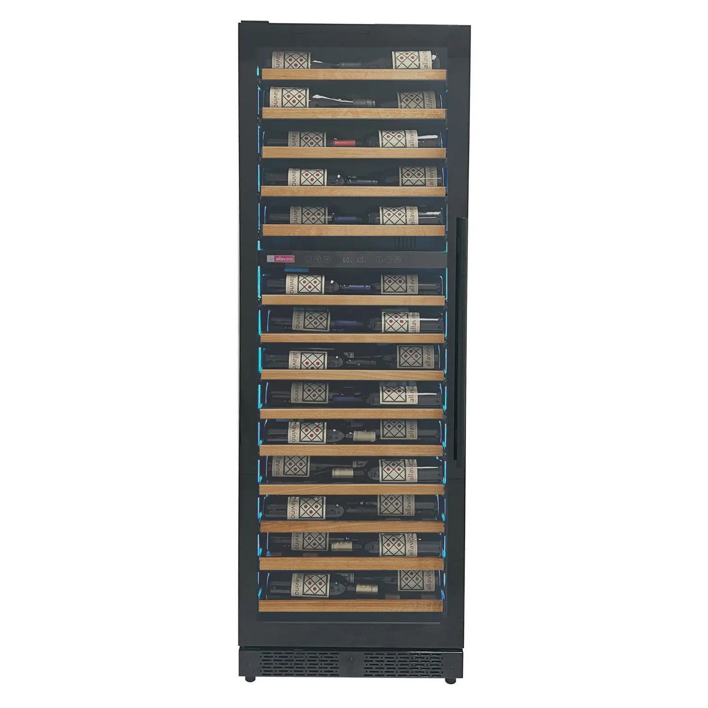 Allavino Reserva Series 67 Bottle 71" Tall Dual Zone Left Hinge Black Shallow Wine Refrigerator with Wood Front Shelves