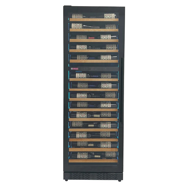 Allavino Reserva Series 67 Bottle 71 Tall Dual Zone Left Hinge Black Shallow Wine Refrigerator with Wood Front Shelves