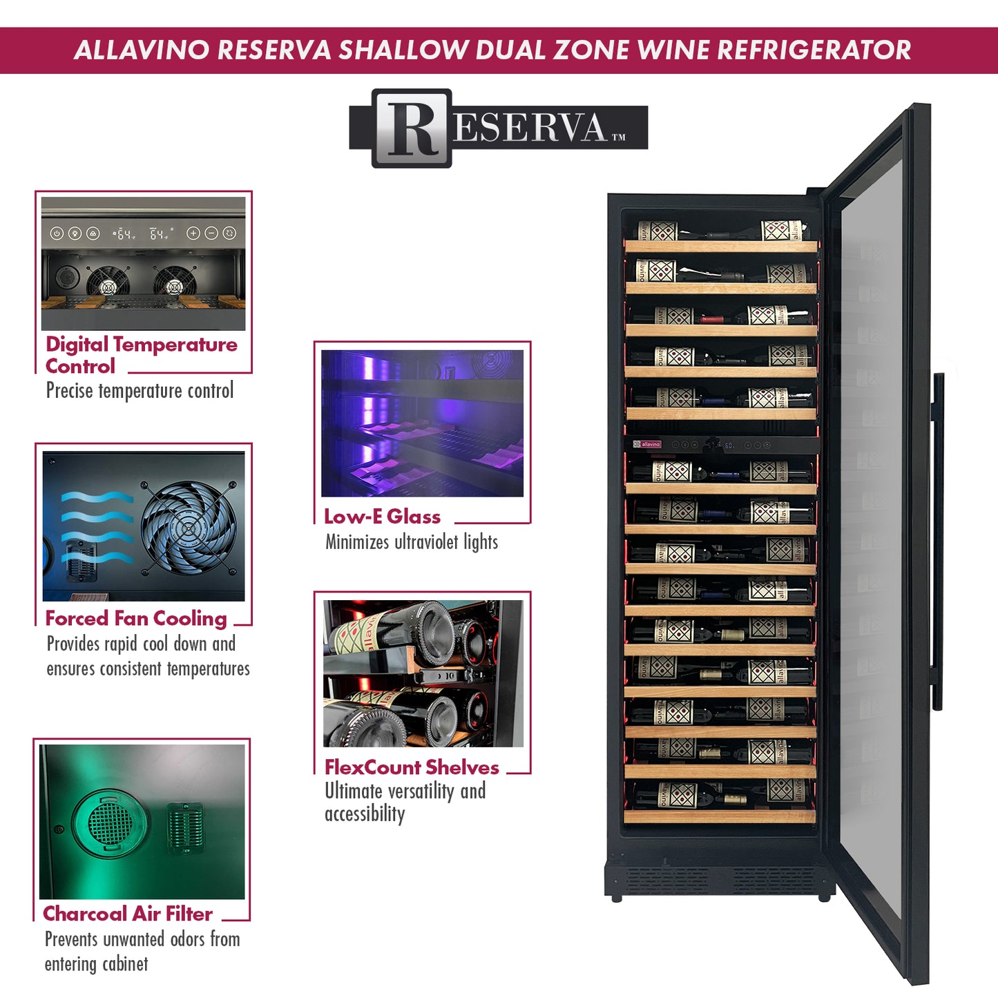 Allavino Reserva Series 67 Bottle 71" Tall Dual Zone Right  Hinge Black Shallow Wine Refrigerator with Wood Front Shelves