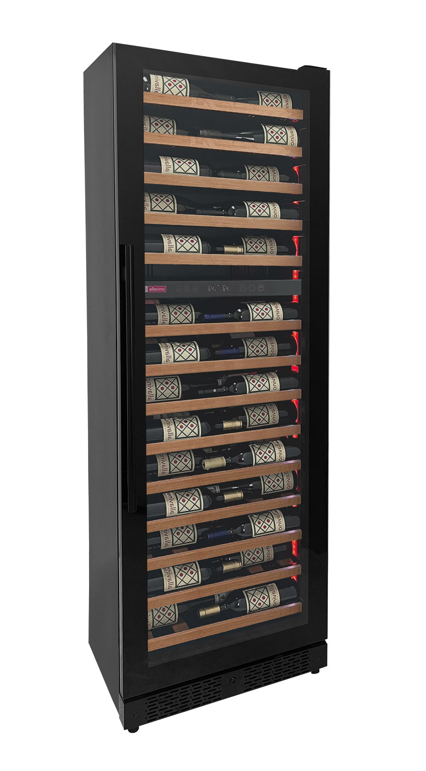 Allavino Reserva Series 67 Bottle 71" Tall Dual Zone Right  Hinge Black Shallow Wine Refrigerator with Wood Front Shelves