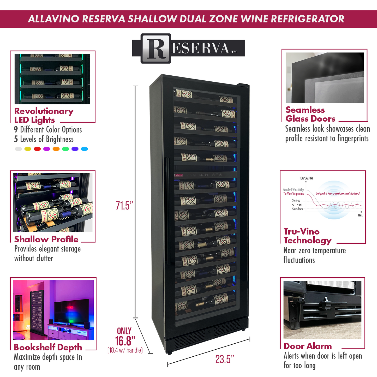 Allavino Reserva Series 163 Bottle 71" Tall Single Zone Right Hinge Stainless Steel Wine Refrigerator