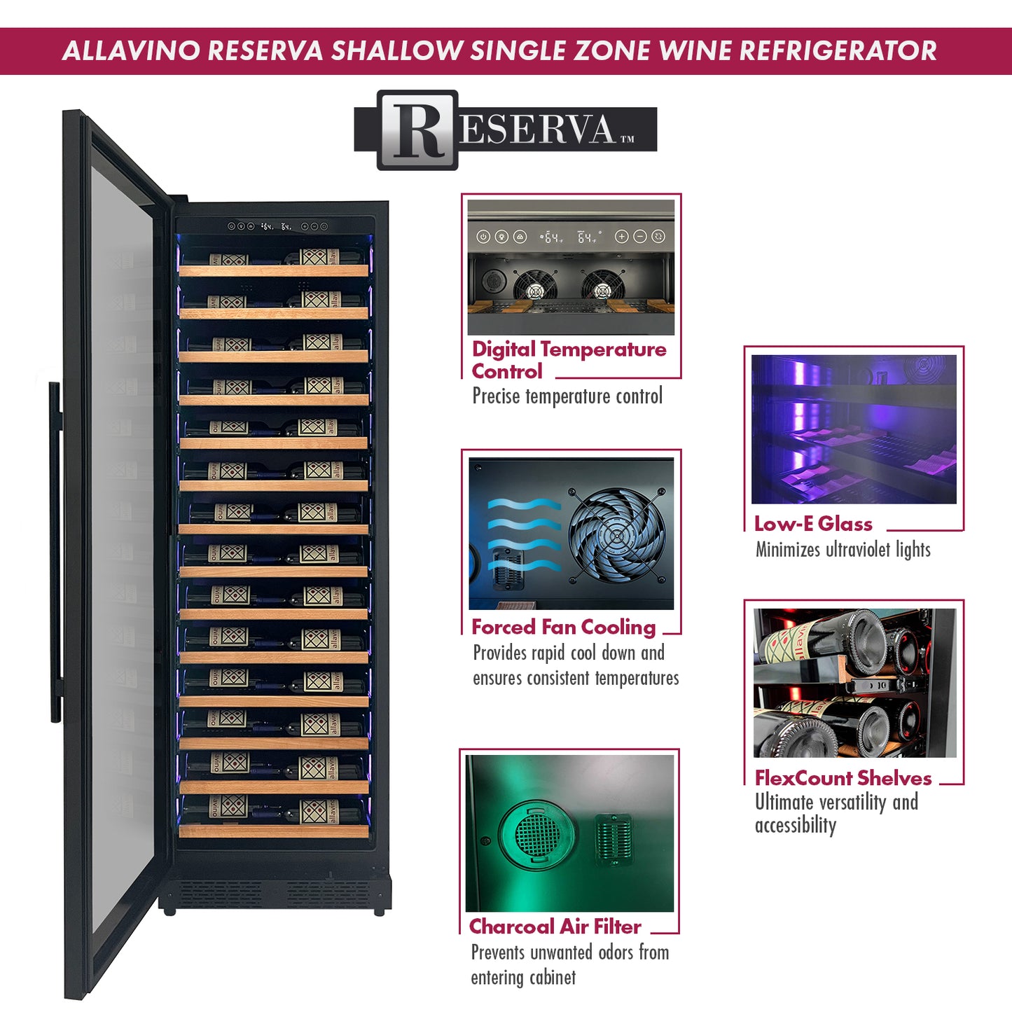 Allavino Reserva Series 67 bottle 71" Tall Single Zone Left Hinge Black Shallow Wine Refrigerator with Wood Front Shelves