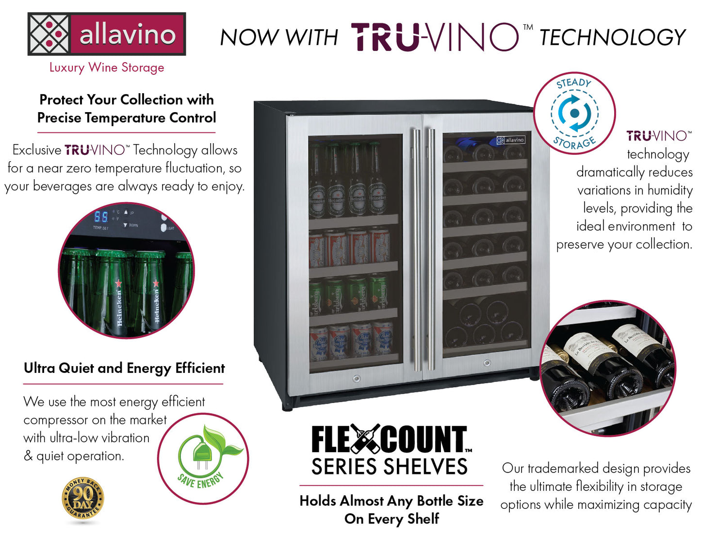 Allavino 30 Wide FlexCount II Tru-Vino 30 Bottle/ 88 can dual Zone Stainless Steel Built-In Wine Refrigerator/Beverage Center