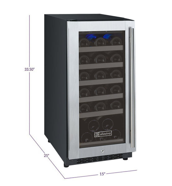 Allavino 15 Wide FlexCount II Tru-Vino 30 Bottle Single Zone Stainless Steel Left Hinge Wine Refrigerator