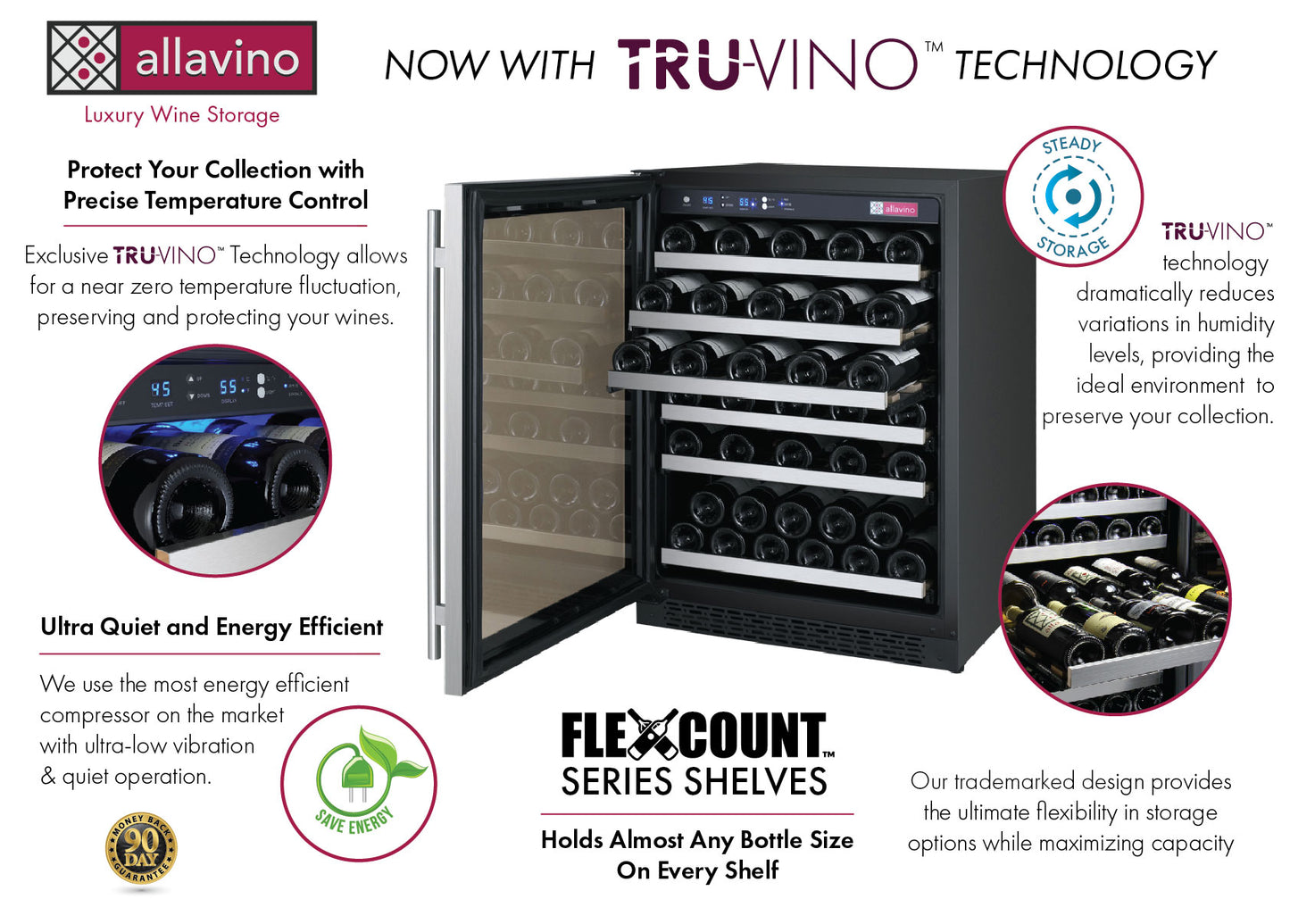 Allavino FlexCount Series 56 Bottle Single Zone Built -in Wine Cooler Refrigerator with Stainless Steel Door-Left Hinge