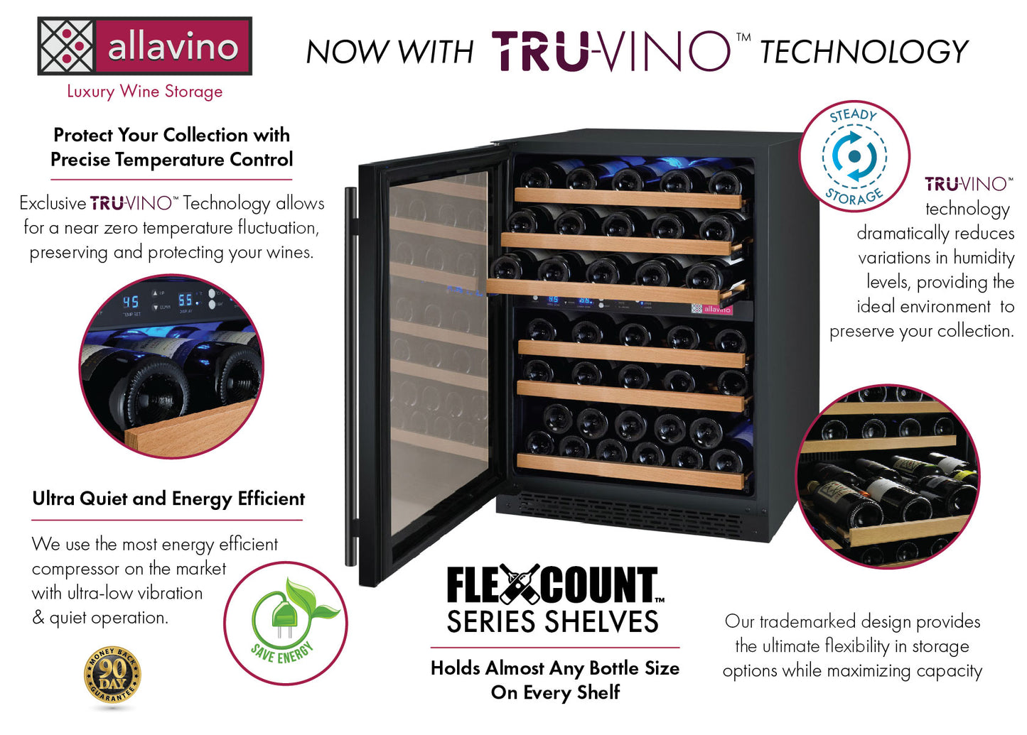 Allavino FlexCount Series 56 Bottle Dual Zone Undercounter Wine Refrigerator with Black Door- Left Hinge