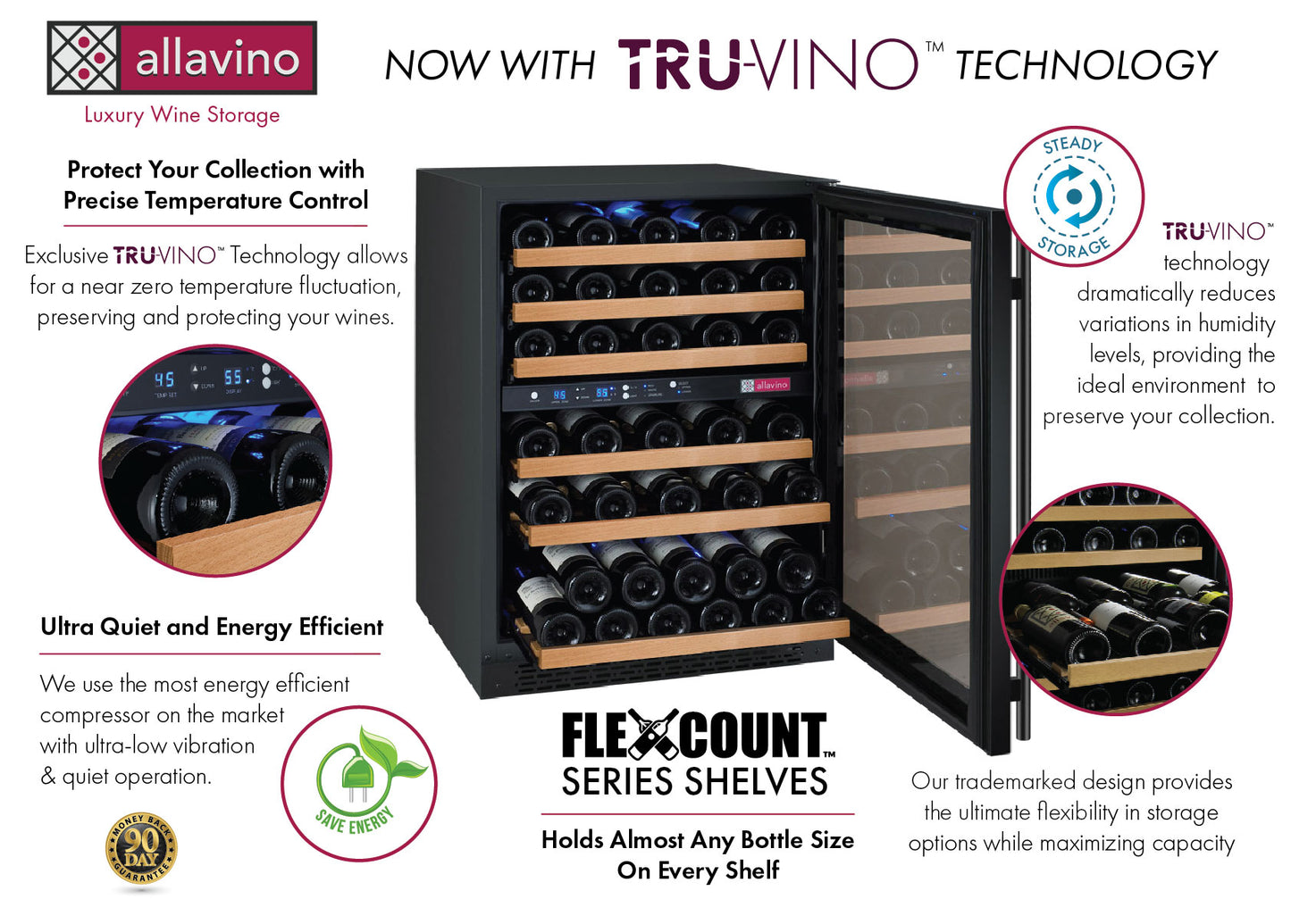 Allavino FlexCount Series 56 Bottle Dual Zone Undercounter Wine Refrigerator with Black Door- Right Hinge